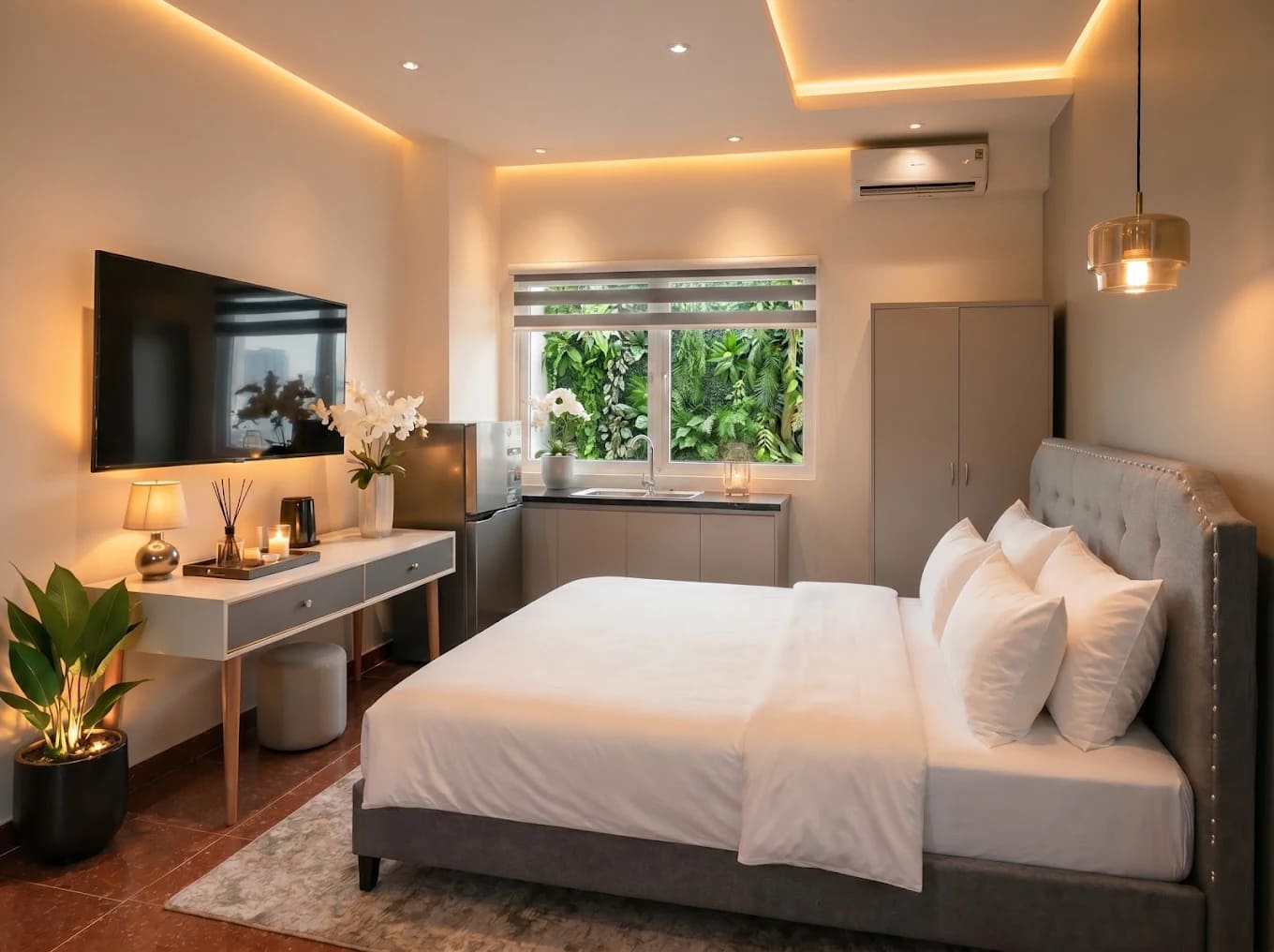 Phòng nghỉ tối giản tone màu beige ấm áp tại khách sạn SOLÉA Quận 1